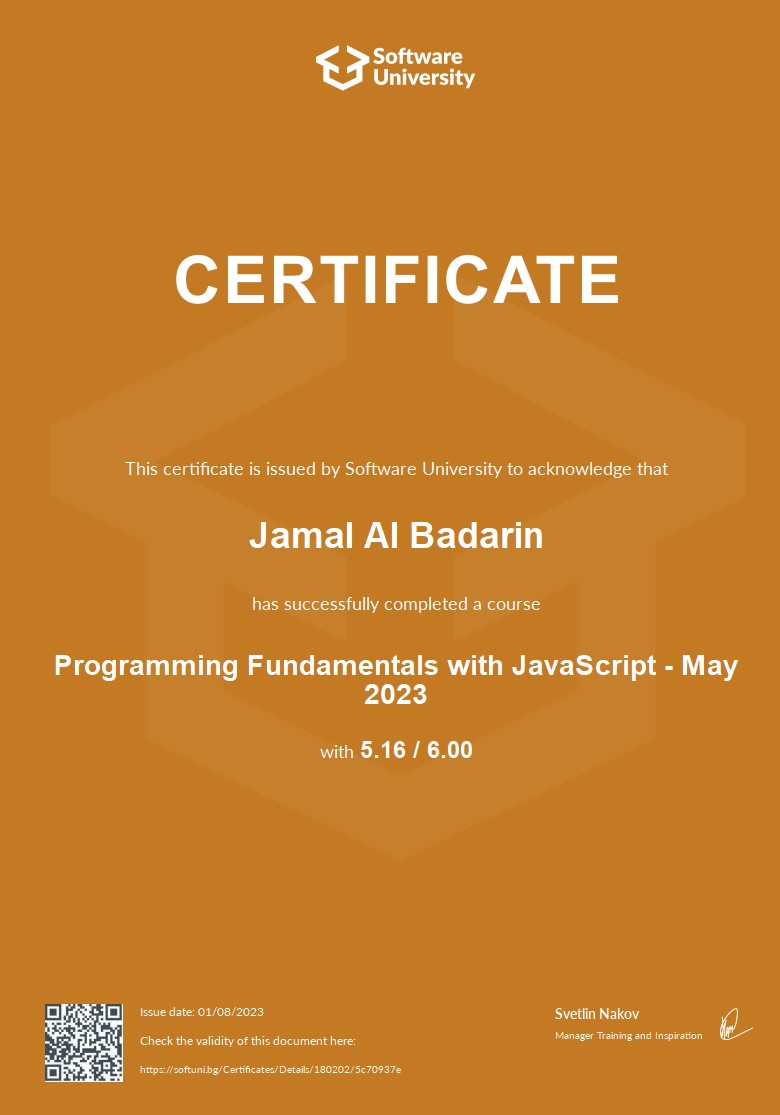 Programming Fundamentals with JavaScript certificate