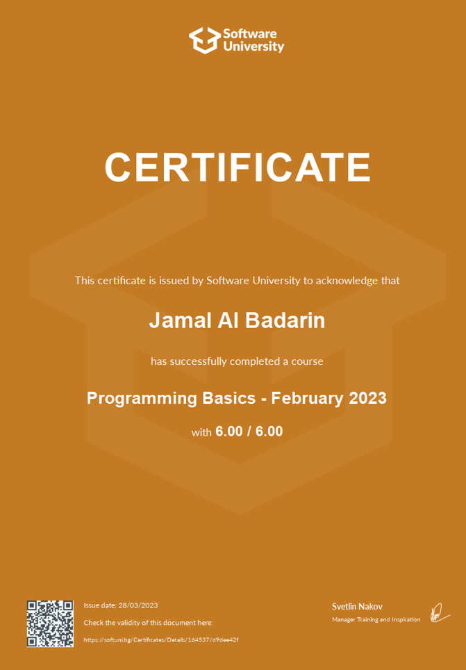 Programming Basics with JavaScript certificate